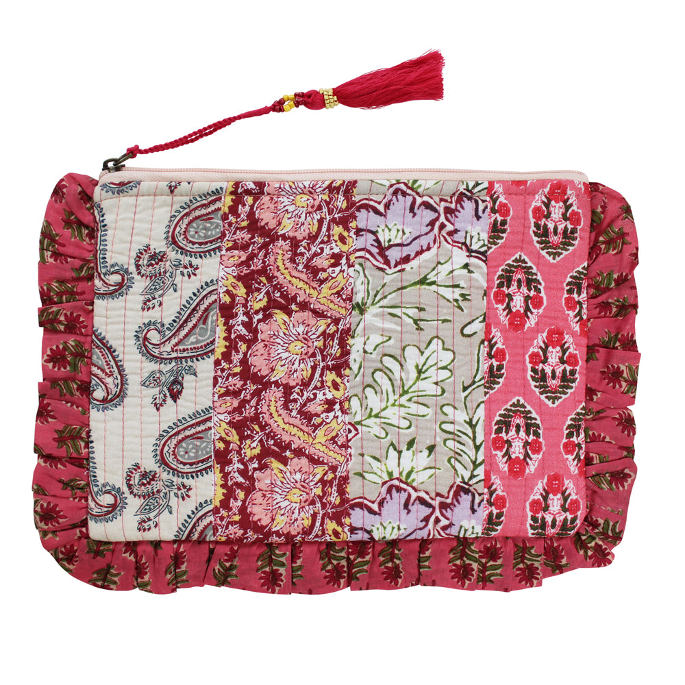 Block Printed Patchwork Style Red Floral Quilted Ruffle Make Up Bag