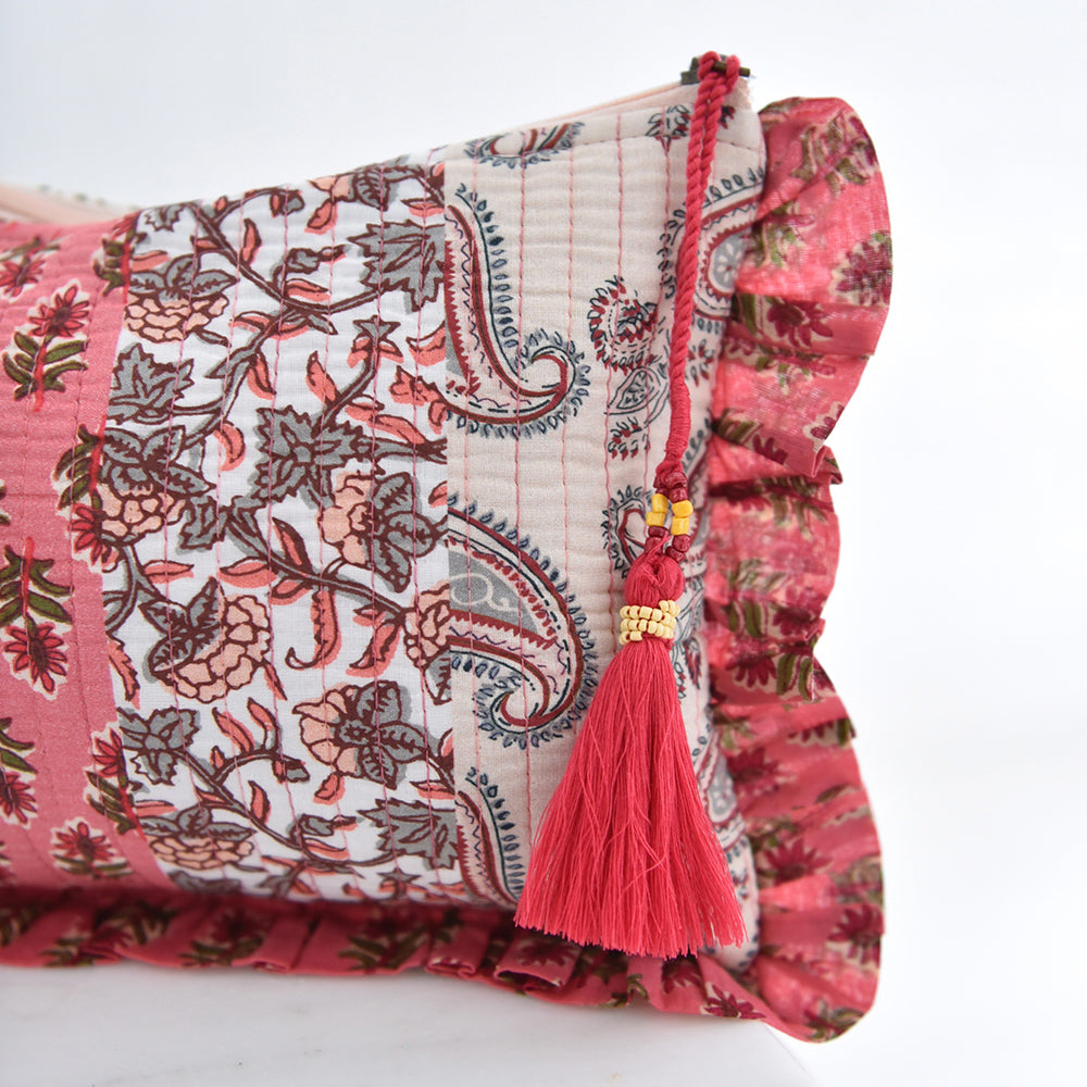 Block Printed Patchwork Style Red Floral Quilted Ruffle Make Up Bag