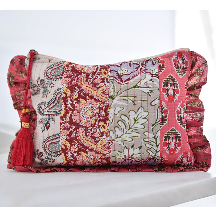 Block Printed Patchwork Style Red Floral Quilted Ruffle Make Up Bag