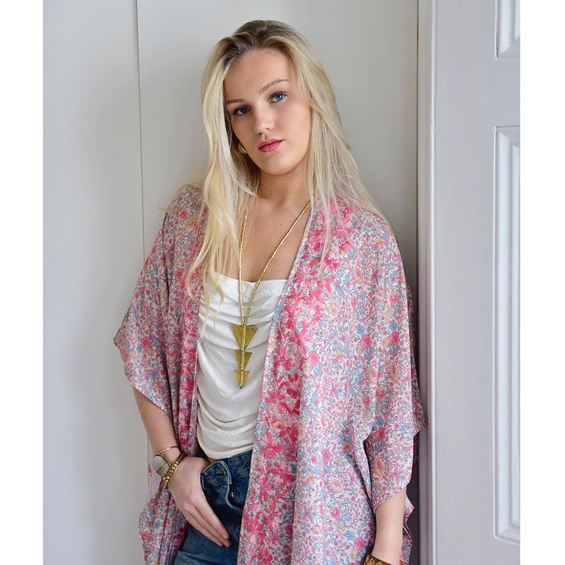 Pastel Floral Viscose Kaftan Jacket with Heavy Pink Ombre Fishbone Embroidery
