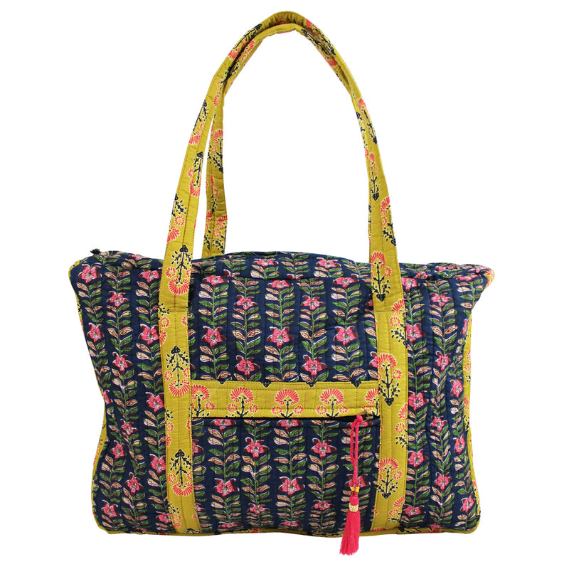 Block Printed Navy Blue, Mustard & Pink Lily Quilted Bag