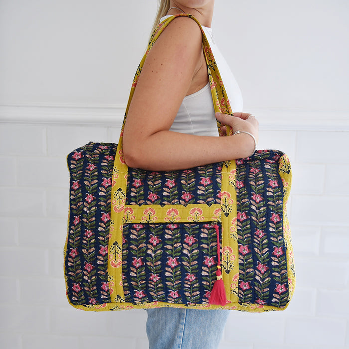 Block Printed Navy Blue, Mustard & Pink Lily Quilted Bag