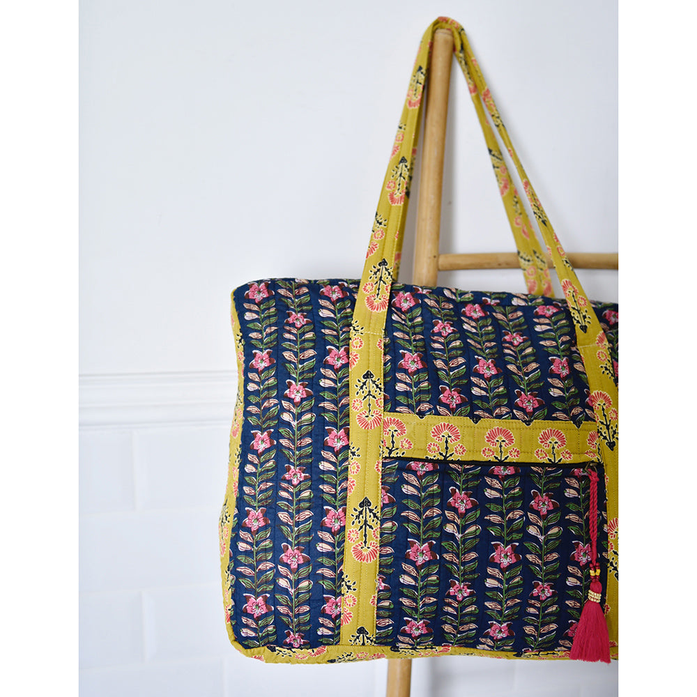 Block Printed Navy Blue, Mustard & Pink Lily Quilted Bag