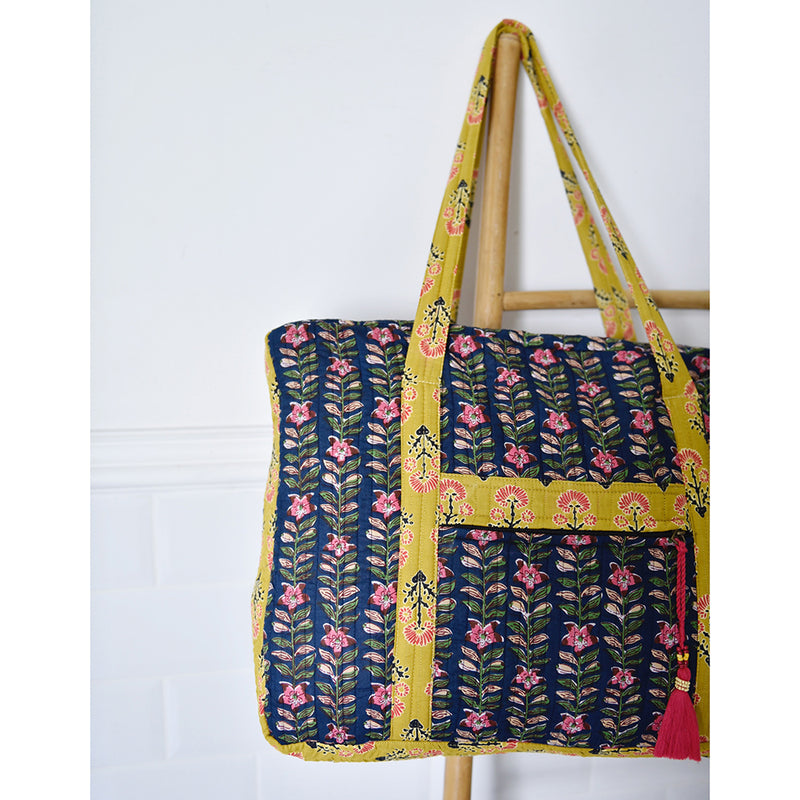 Block Printed Navy Blue, Mustard & Pink Lily Quilted Bag