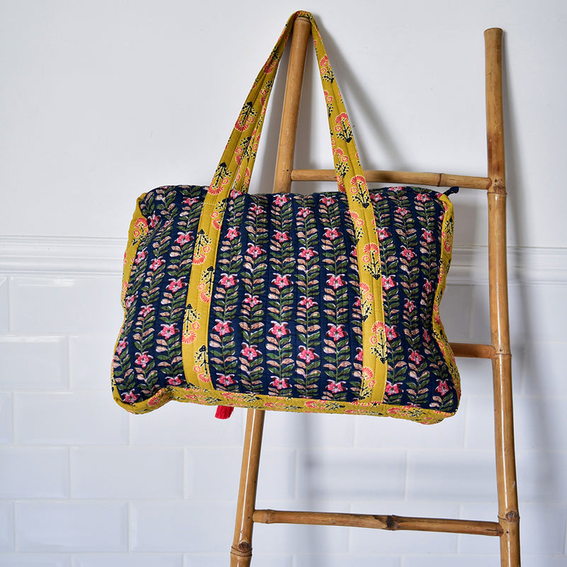 Block Printed Navy Blue, Mustard & Pink Lily Quilted Bag