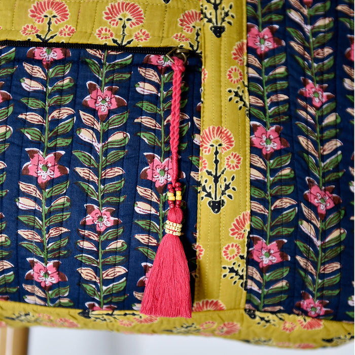 Block Printed Navy Blue, Mustard & Pink Lily Quilted Bag