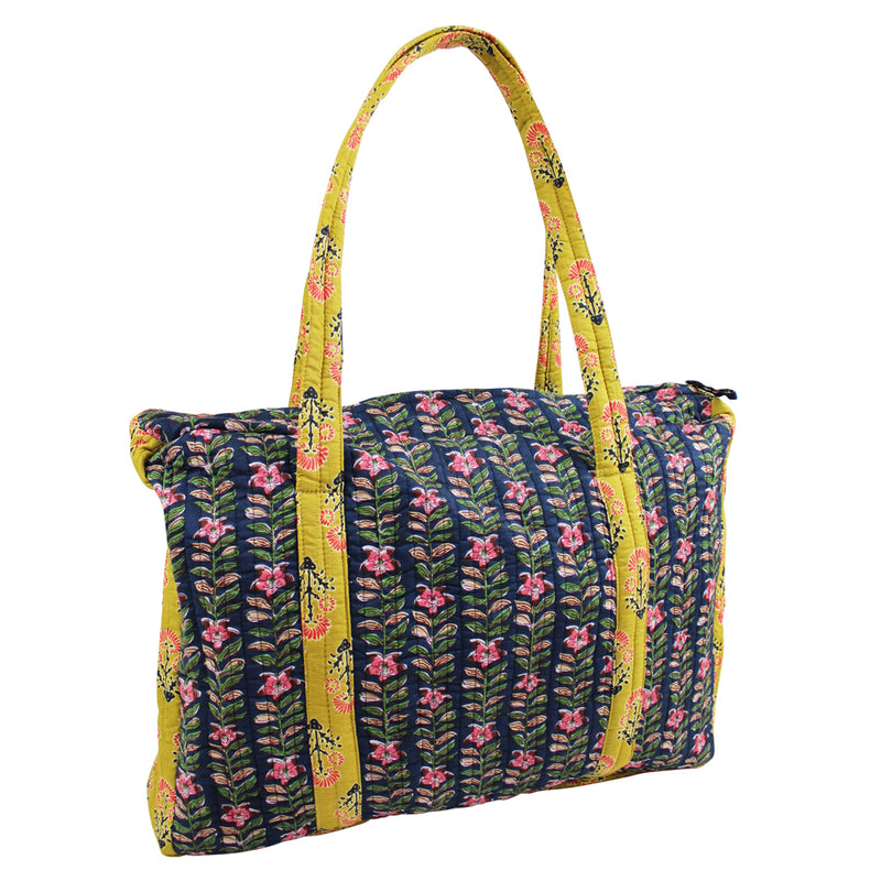 Block Printed Navy Blue, Mustard & Pink Lily Quilted Bag