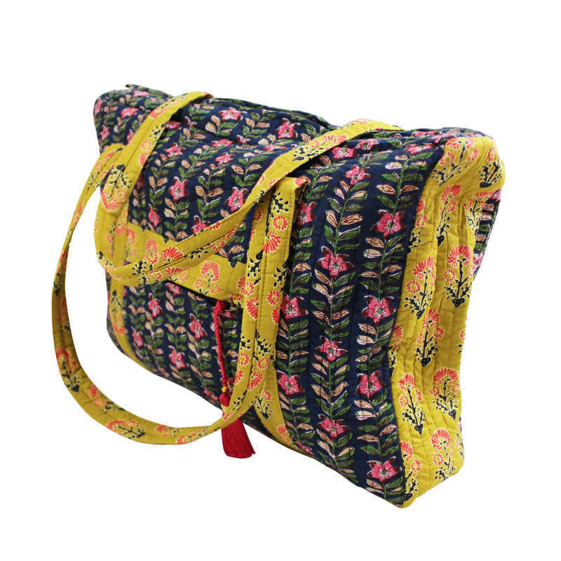 Block Printed Navy Blue, Mustard & Pink Lily Quilted Bag