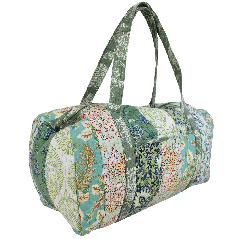 Block Printed Patchwork Style Green Floral Quilted Duffle Bag