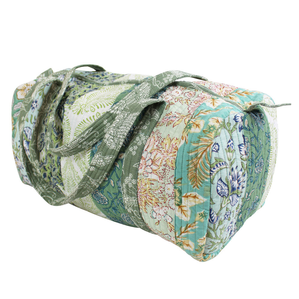 Block Printed Patchwork Style Green Floral Quilted Duffle Bag