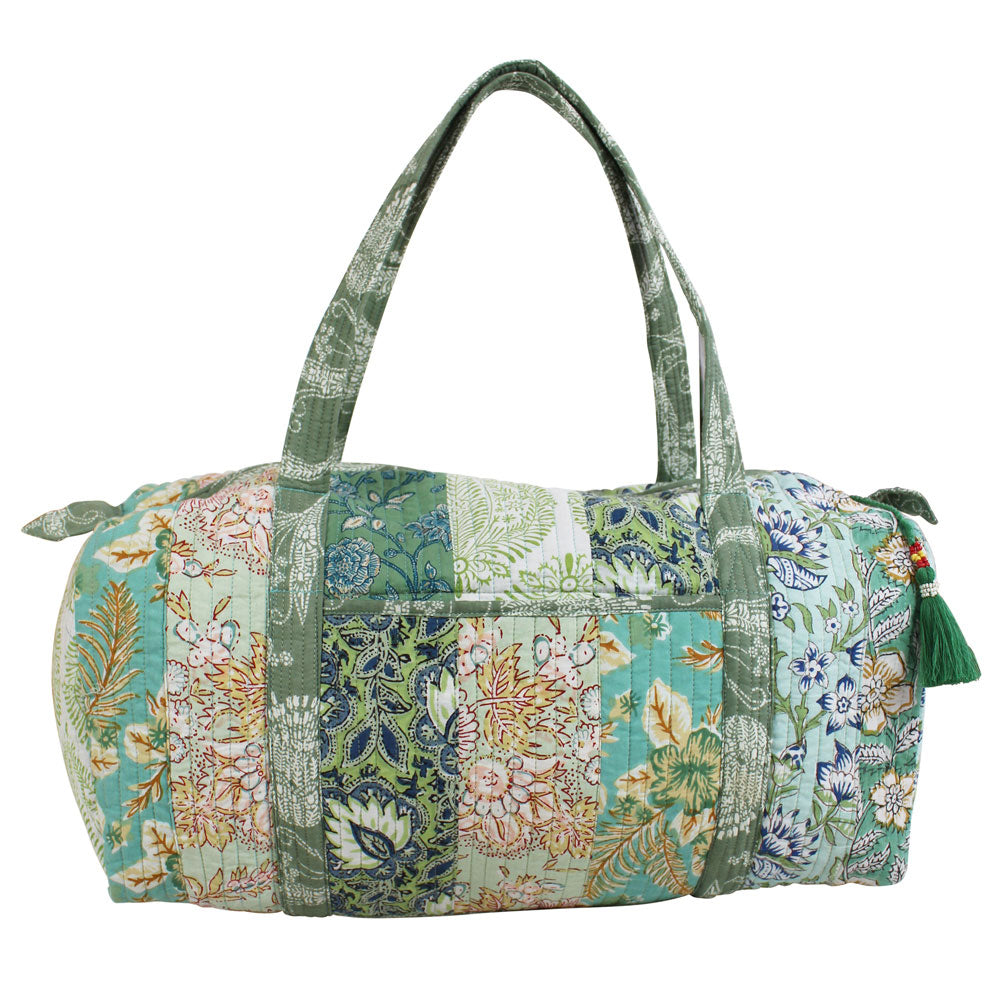 Block Printed Patchwork Style Green Floral Quilted Duffle Bag