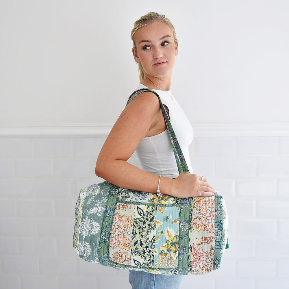 Block Printed Patchwork Style Green Floral Quilted Duffle Bag