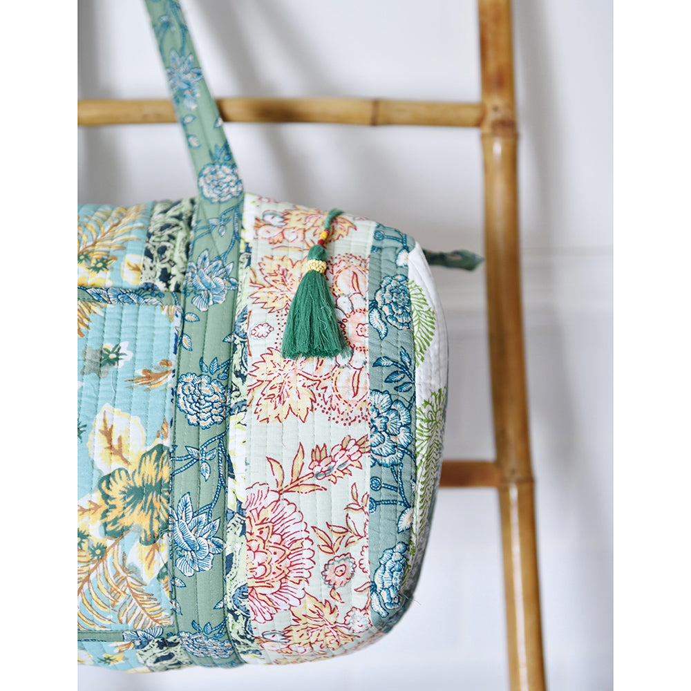 Block Printed Patchwork Style Green Floral Quilted Duffle Bag