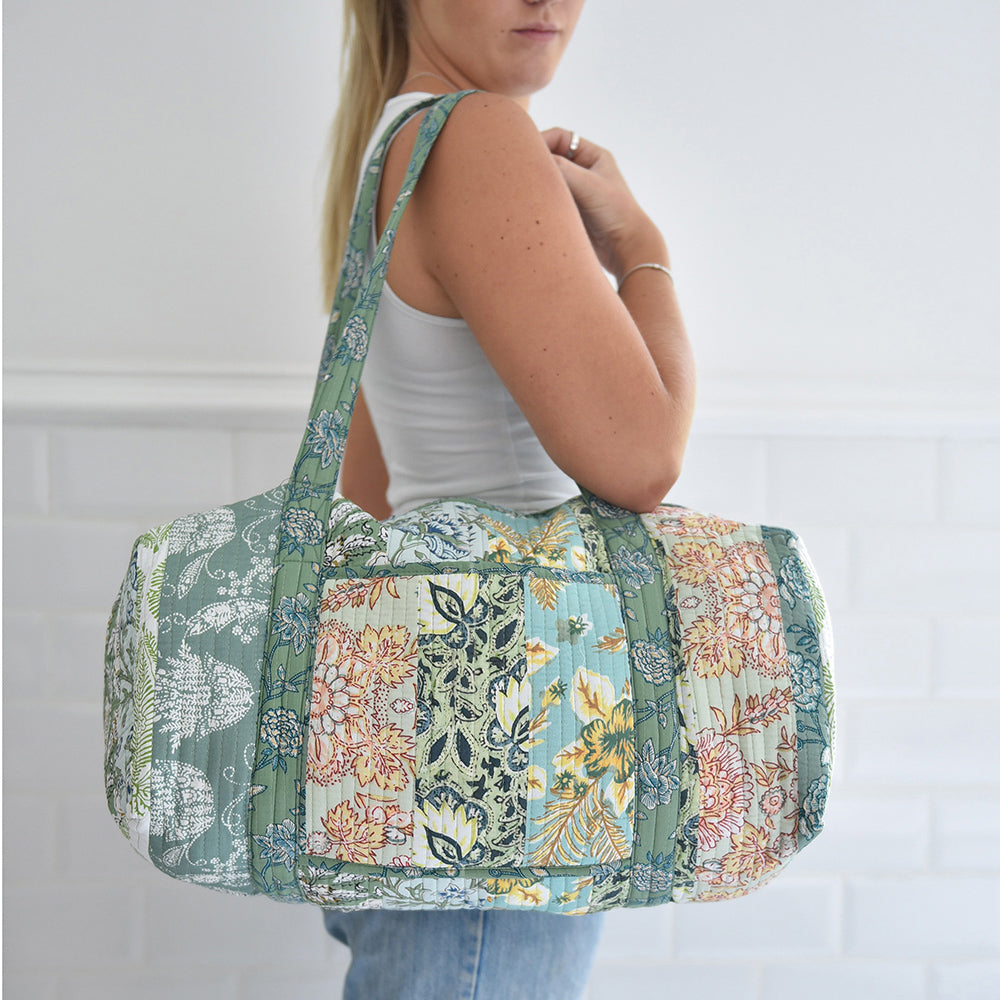 Block Printed Patchwork Style Green Floral Quilted Duffle Bag