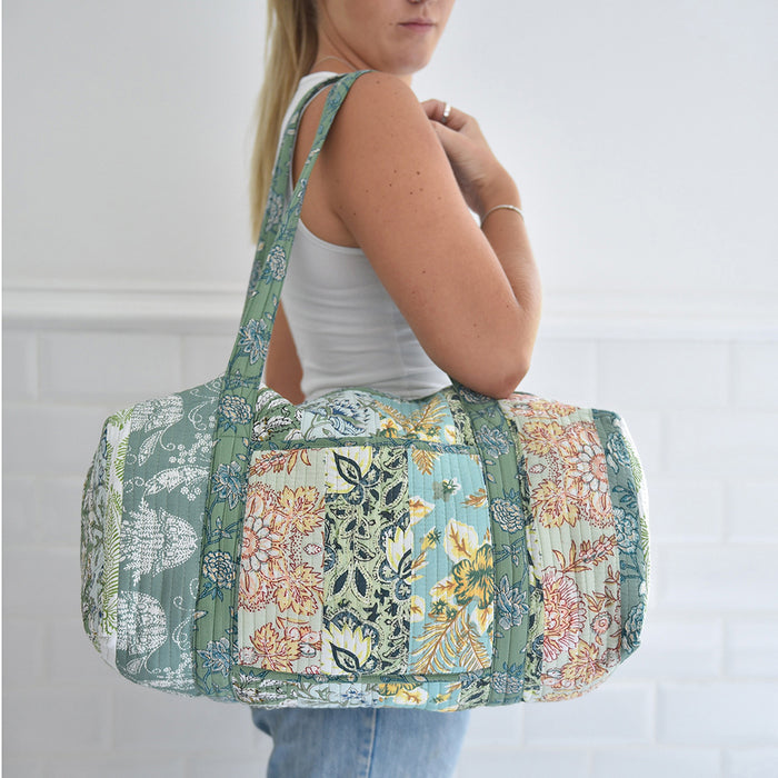 Block Printed Patchwork Style Green Floral Quilted Duffle Bag