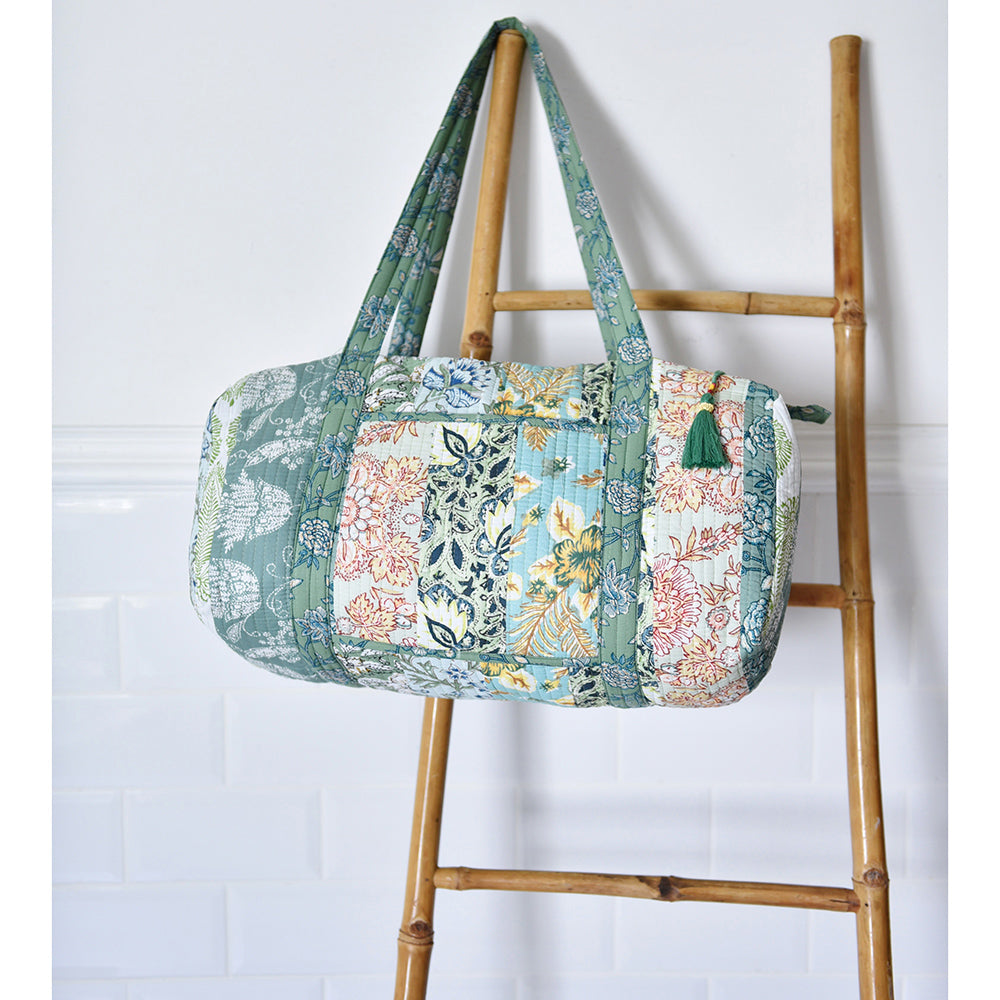 Block Printed Patchwork Style Green Floral Quilted Duffle Bag