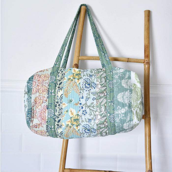 Block Printed Patchwork Style Green Floral Quilted Duffle Bag