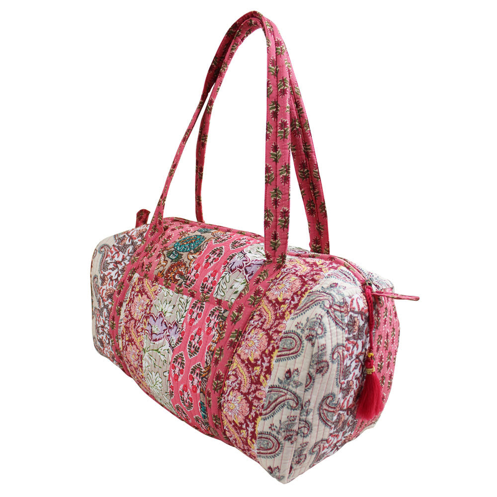 Block Printed Patchwork Style Red Floral Quilted Duffle Bag