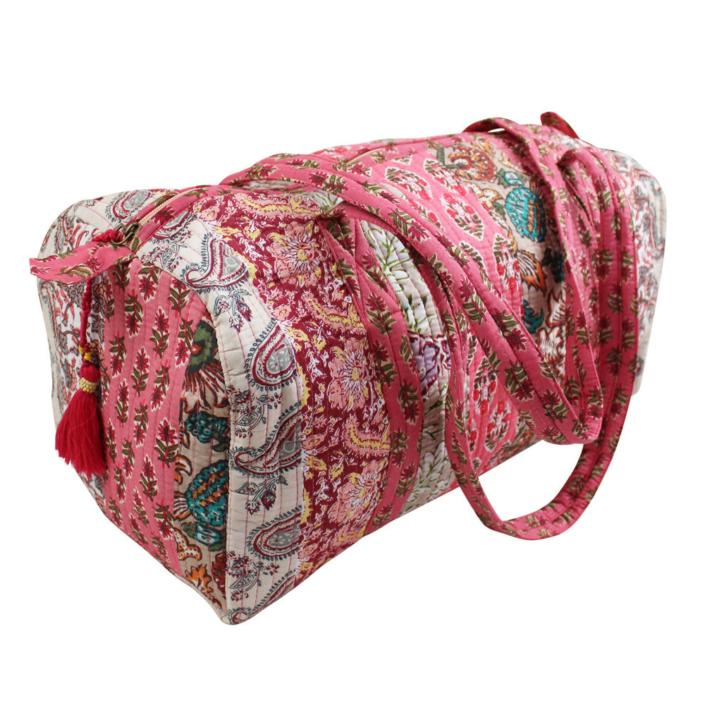Block Printed Patchwork Style Red Floral Quilted Duffle Bag