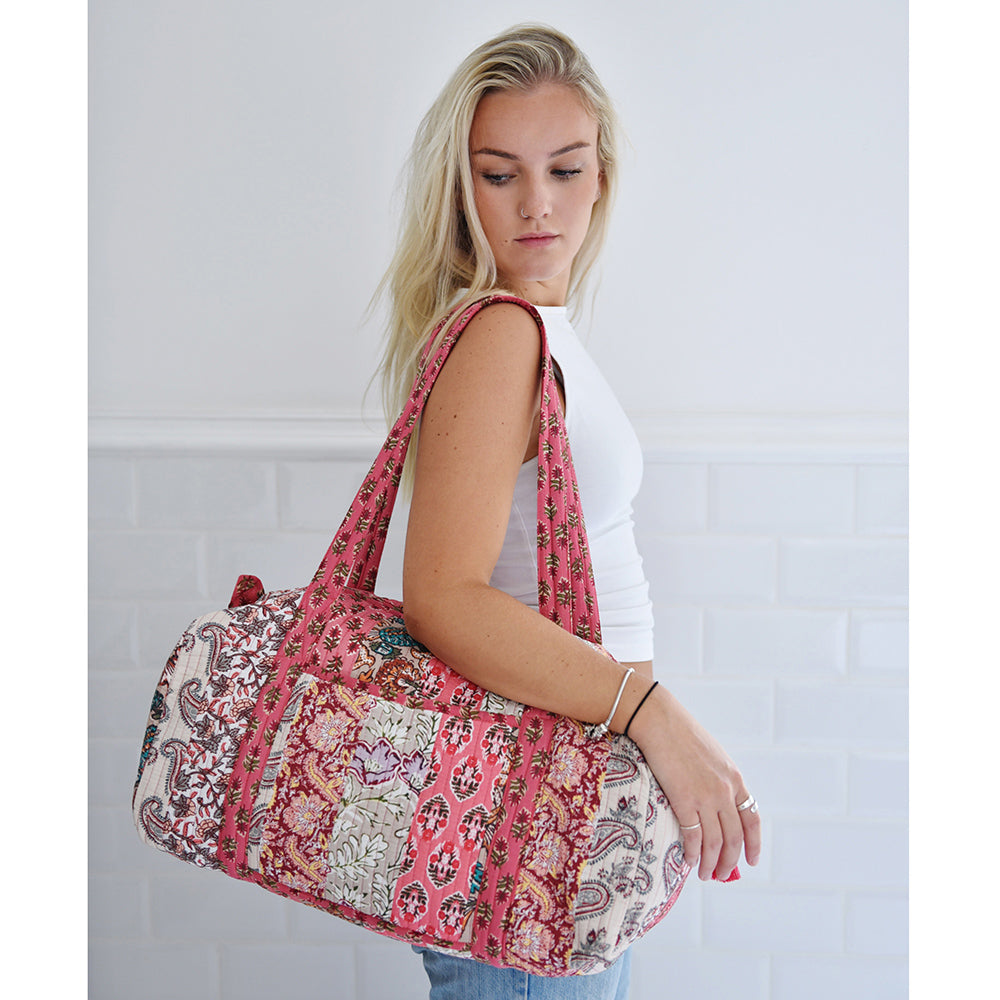 Block Printed Patchwork Style Red Floral Quilted Duffle Bag