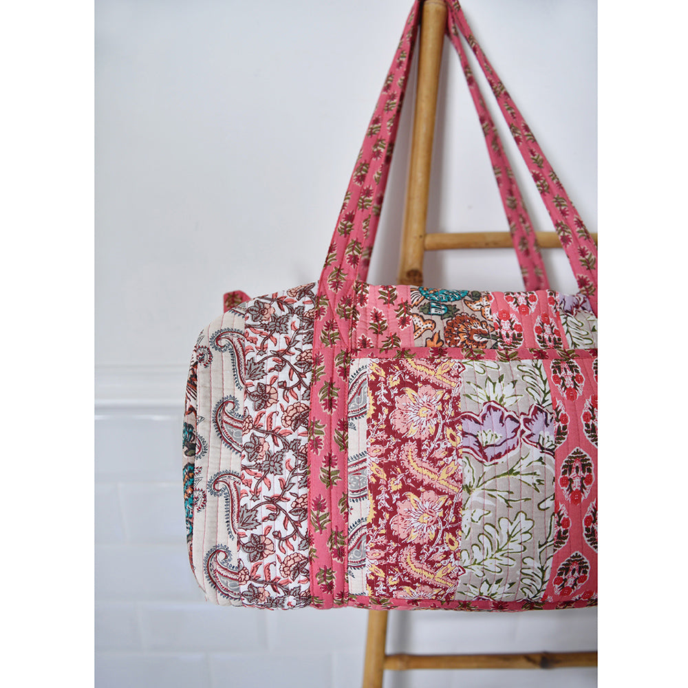 Block Printed Patchwork Style Red Floral Quilted Duffle Bag