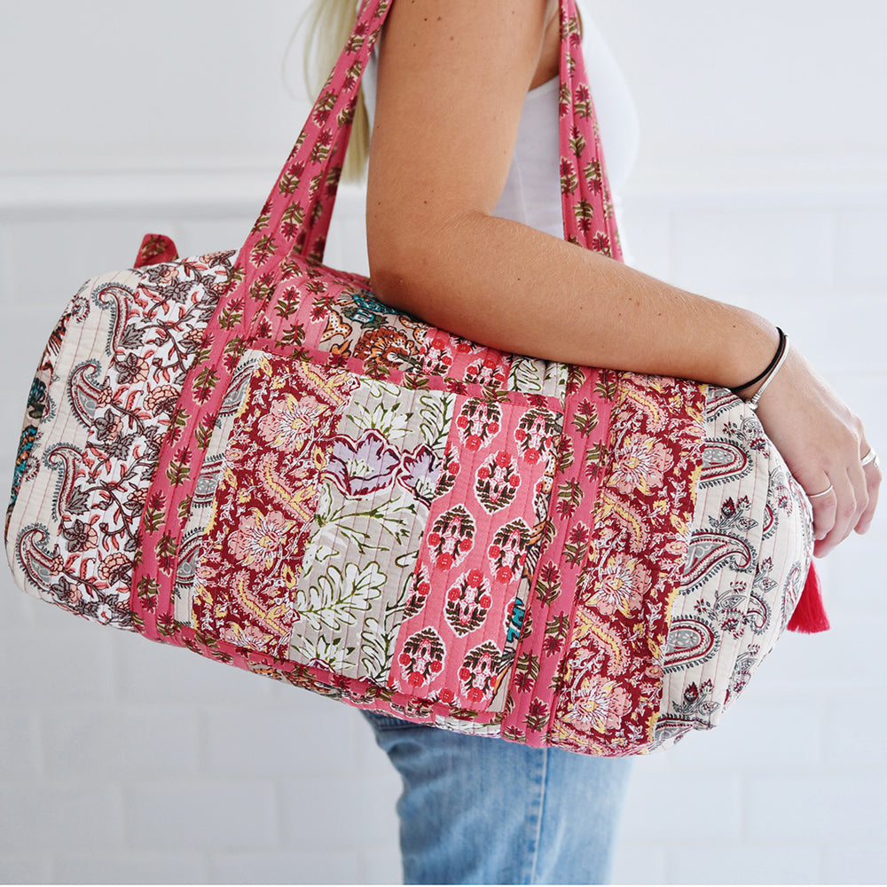 Block Printed Patchwork Style Red Floral Quilted Duffle Bag