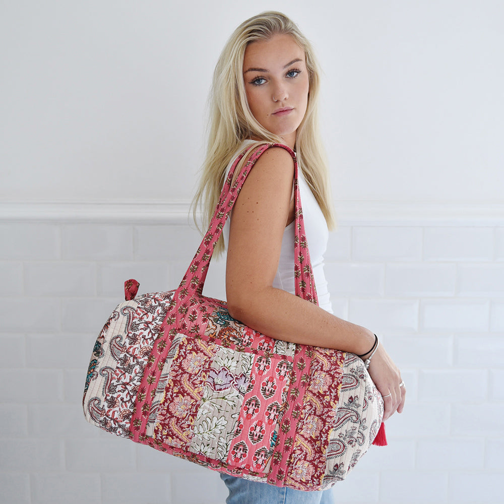 Block Printed Patchwork Style Red Floral Quilted Duffle Bag