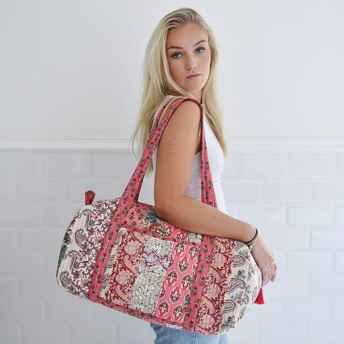 Block Printed Patchwork Style Red Floral Quilted Duffle Bag