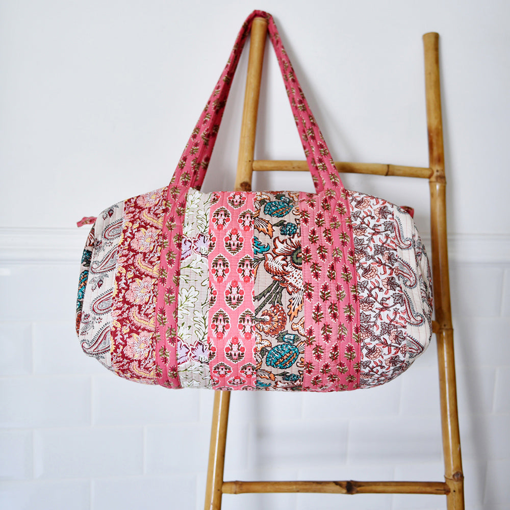 Block Printed Patchwork Style Red Floral Quilted Duffle Bag