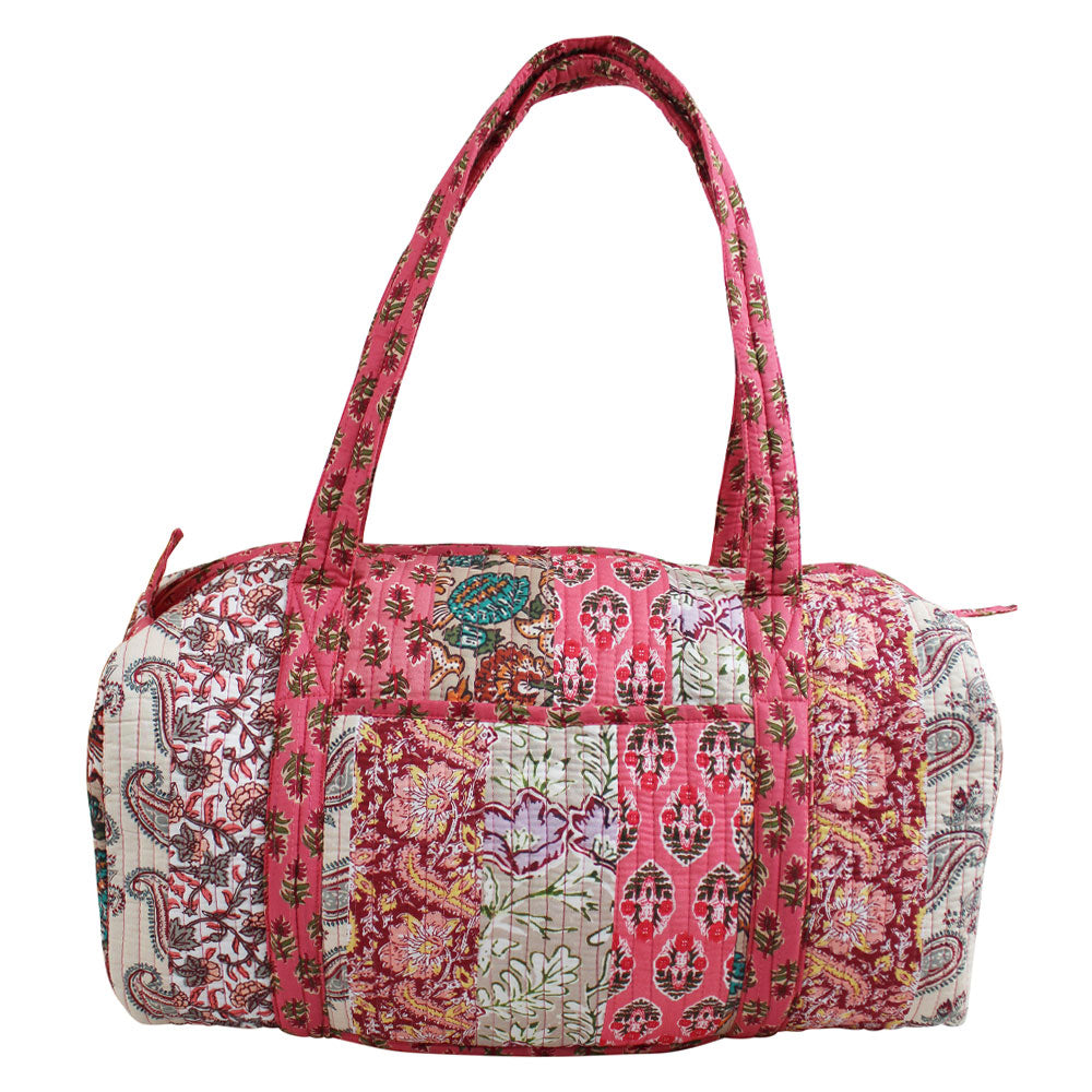Block Printed Patchwork Style Red Floral Quilted Duffle Bag