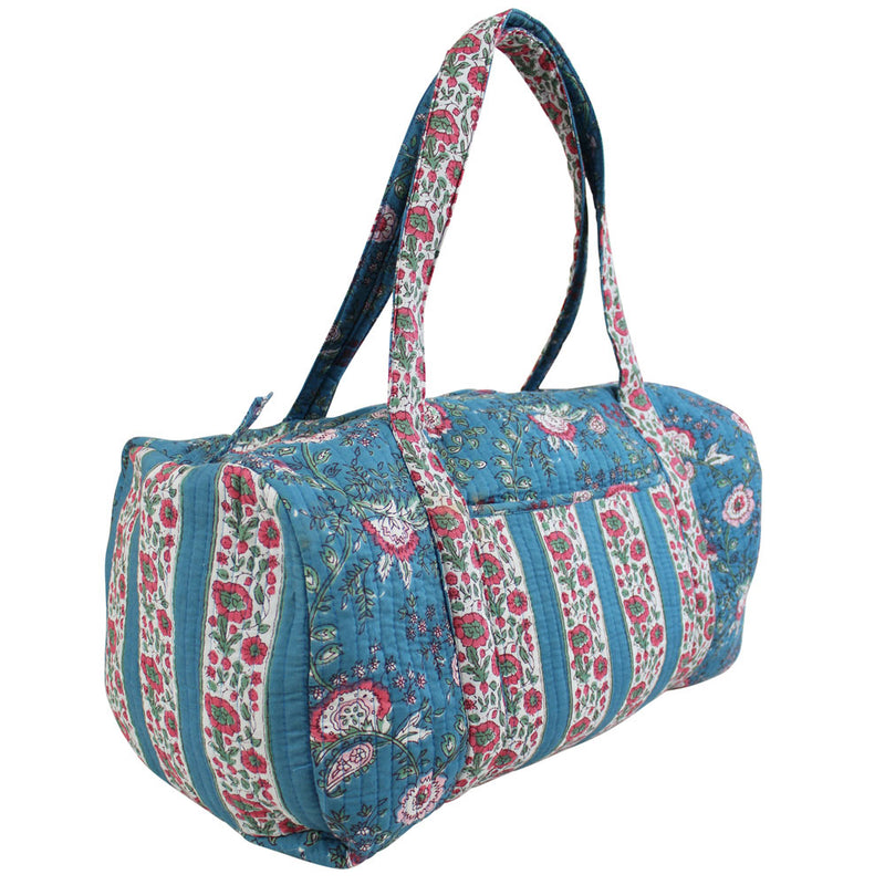 Block Printed Inky Blue & Pink Floral Stripe Quilted Duffle Bag