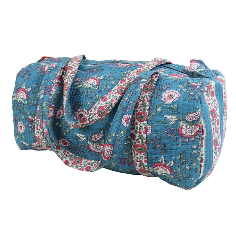 Block Printed Inky Blue & Pink Floral Stripe Quilted Duffle Bag