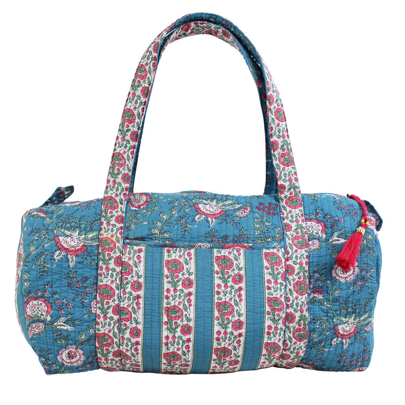 Block Printed Inky Blue & Pink Floral Stripe Quilted Duffle Bag