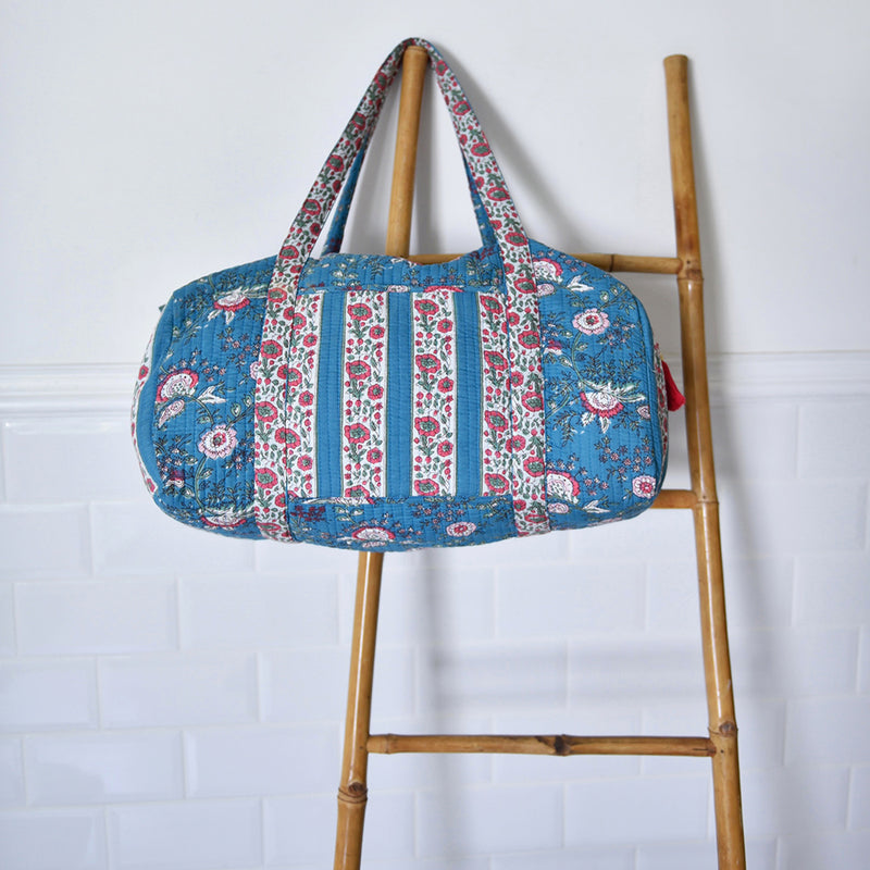 Block Printed Inky Blue & Pink Floral Stripe Quilted Duffle Bag