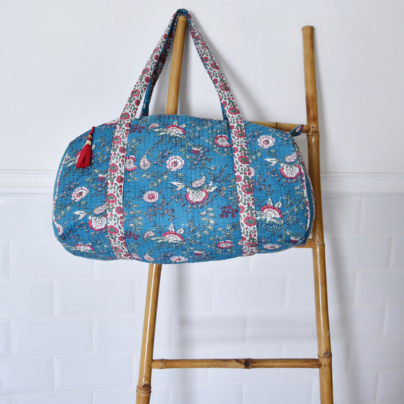 Block Printed Inky Blue & Pink Floral Stripe Quilted Duffle Bag