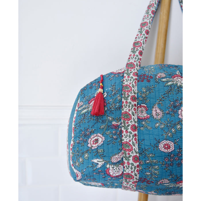 Block Printed Inky Blue & Pink Floral Stripe Quilted Duffle Bag