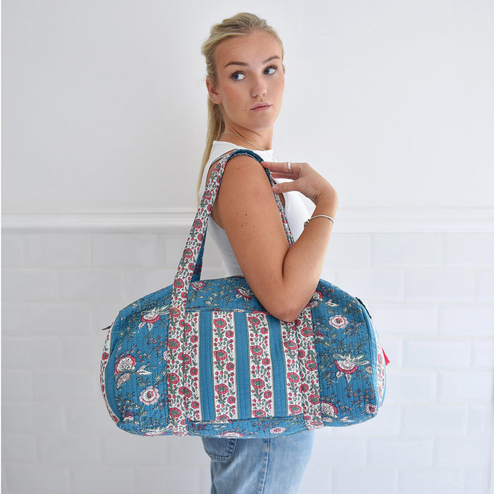 Block Printed Inky Blue & Pink Floral Stripe Quilted Duffle Bag