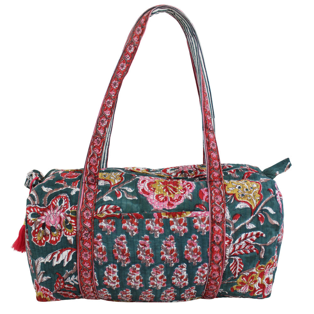 Block Printed Pine Green, Red & Mustard Floral Quilted Duffle Bag