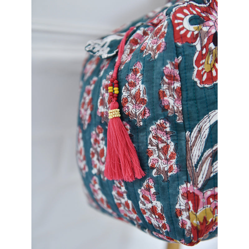 Block Printed Pine Green, Red & Mustard Floral Quilted Duffle Bag