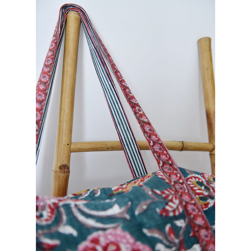Block Printed Pine Green, Red & Mustard Floral Quilted Duffle Bag