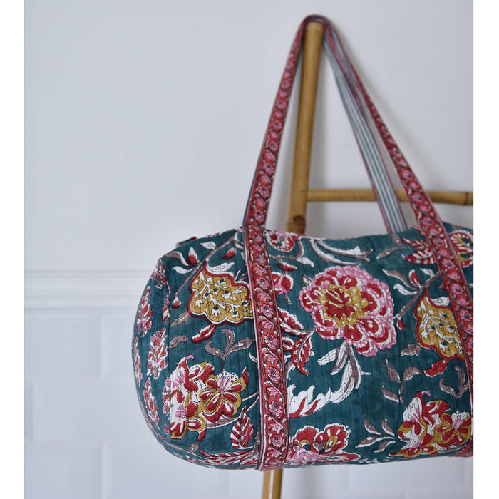 Block Printed Pine Green, Red & Mustard Floral Quilted Duffle Bag