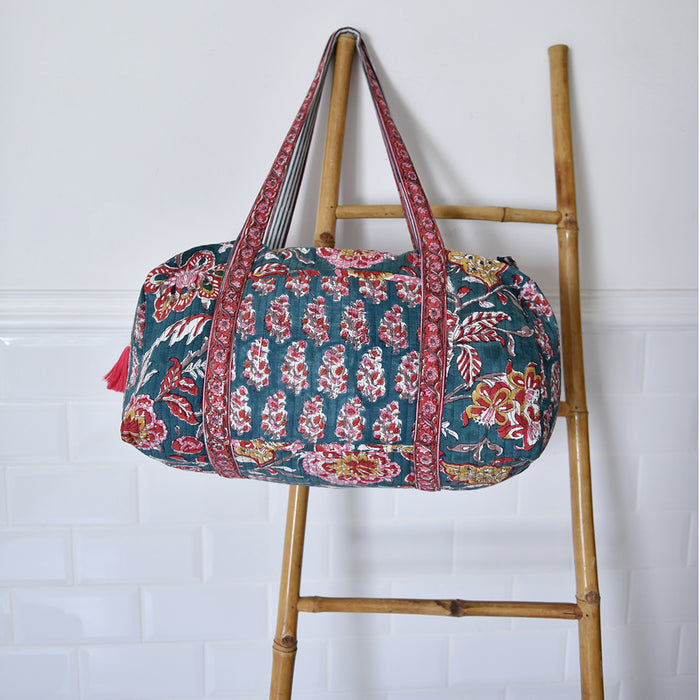 Block Printed Pine Green, Red & Mustard Floral Quilted Duffle Bag