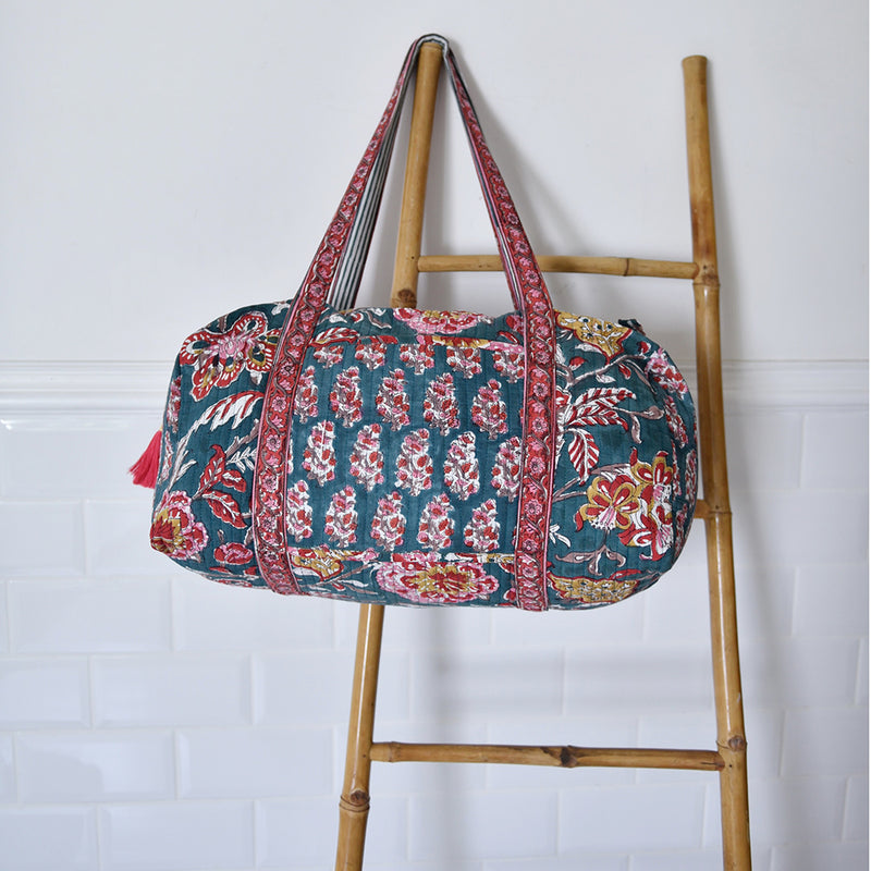 Block Printed Pine Green, Red & Mustard Floral Quilted Duffle Bag
