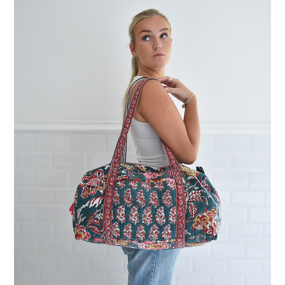 Block Printed Pine Green, Red & Mustard Floral Quilted Duffle Bag