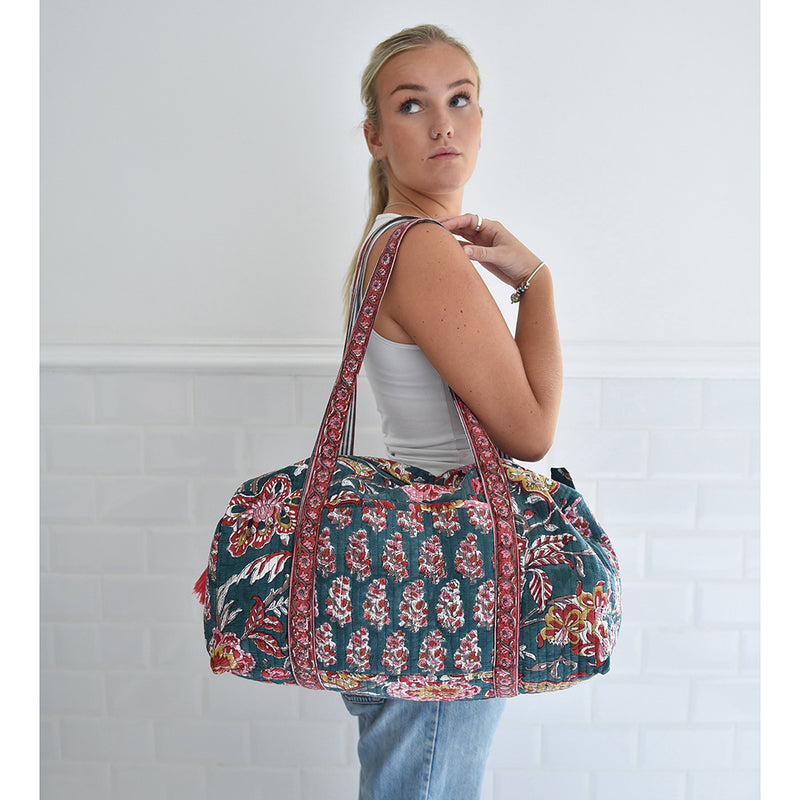 Block Printed Pine Green, Red & Mustard Floral Quilted Duffle Bag