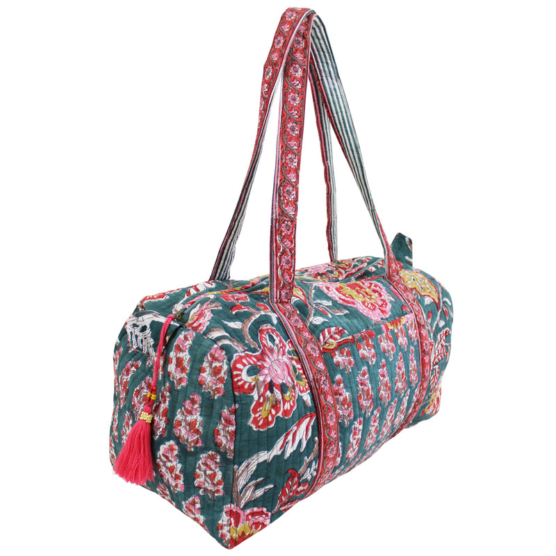 Block Printed Pine Green, Red & Mustard Floral Quilted Duffle Bag