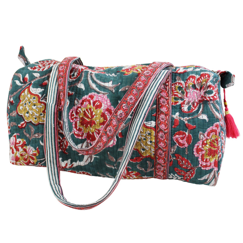Block Printed Pine Green, Red & Mustard Floral Quilted Duffle Bag