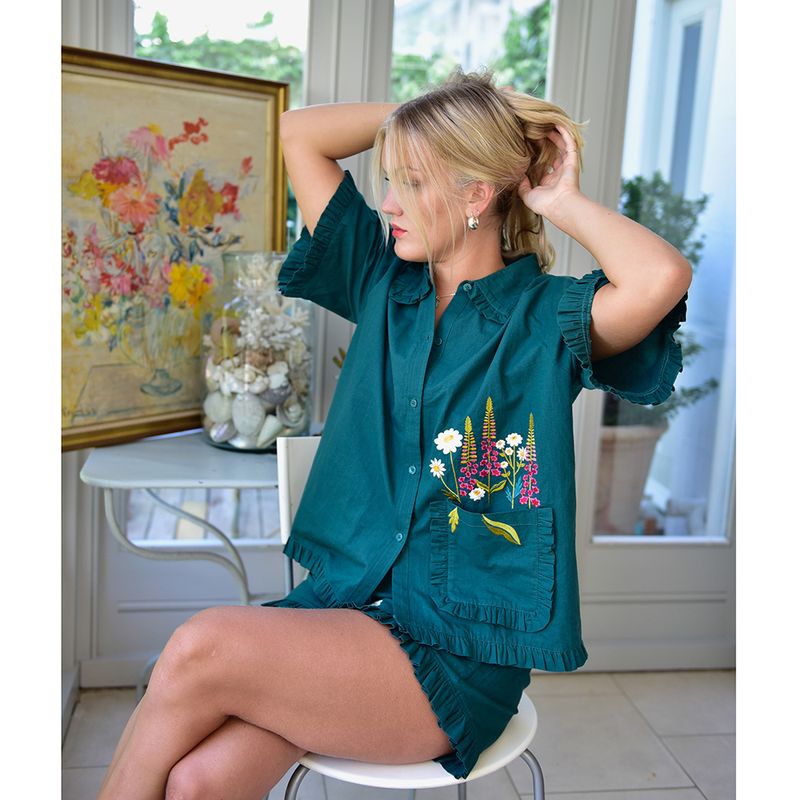 Forest Green Embroidered Floral Cotton Short Pyjama Set