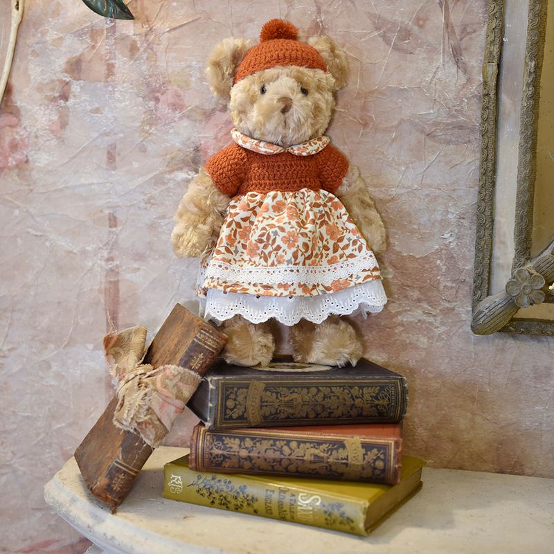 Teddy Bear In Autumnal Dress With Hand Crocheted Jumper And Hat