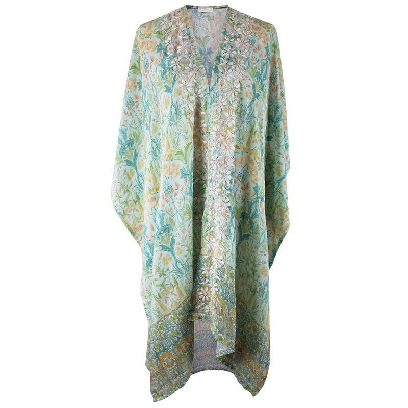 Spring Floral Viscose Kaftan Jacket with Heavy Cream Fishbone Embroidery
